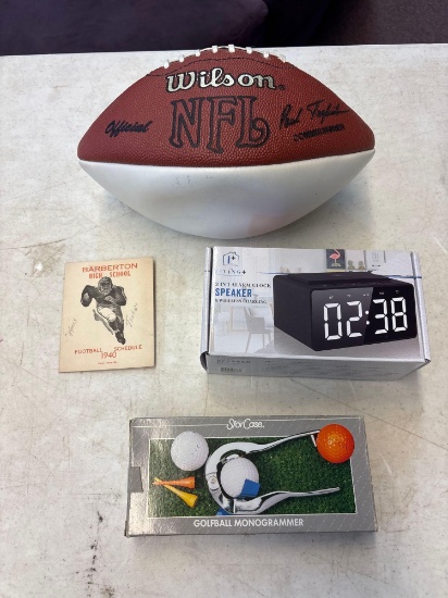 Jim Brown signed football, Three and one alarm, clock, speaker, and wireless charging