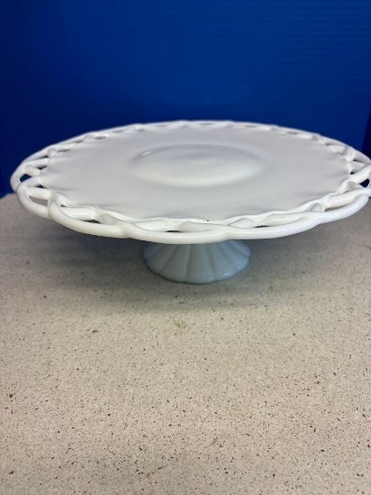milk glass cake, pedestal stand