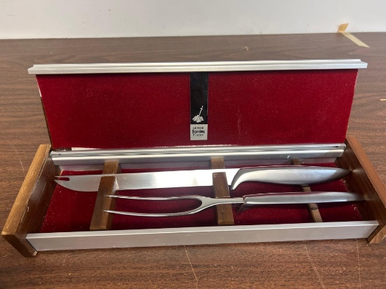 Gerber mid century carving set in aluminum, wood and leather modern designed box