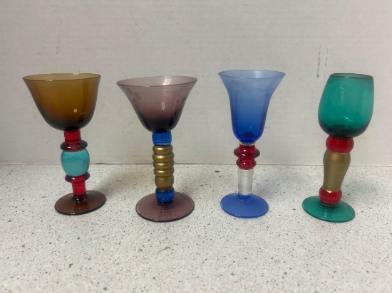 set of 4 MCM colored glass cordial glasses