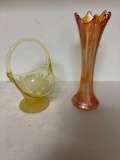 Viking satin glass basket, Carnival glass marigold swung vase