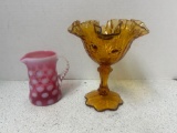 Denton amber double ruffle footed compote and cranberry opalescent coin spot creamer
