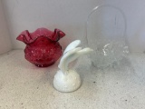 Fenton cranberry glass bowl and strawberry basket, milk glass eagle figurine