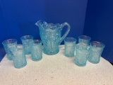 Smith glass ice blue iridescent Dogwood pitcher and 8 tumblers
