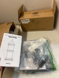 bathroom hanging shower organizer, weather station, handheld garment steamer and brown travel bag