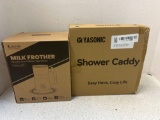 milk frother and shower caddy in boxes