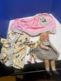2 vintage dolls and 2 vintage aprons