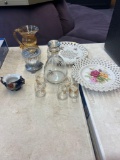 crackle glass pitcher vase, decorative plates, Carson metal stand