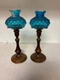 Vintage candleholders, wood bottom, blue glass globes