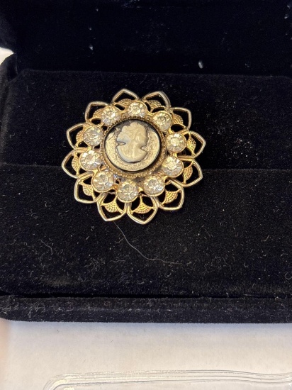 Cameo brooch, Pearl brooch and ring, blue aurora borealis rhinestone brooches