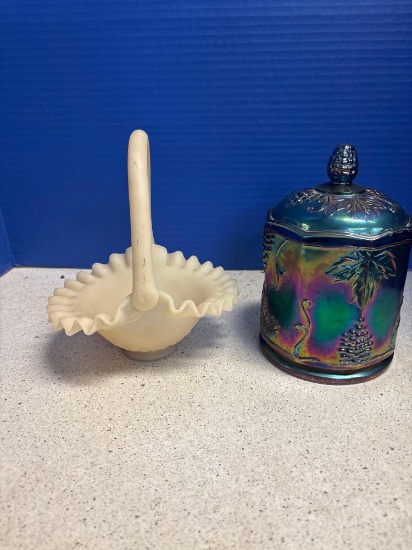 Fenton basket, carnival glass candy jar