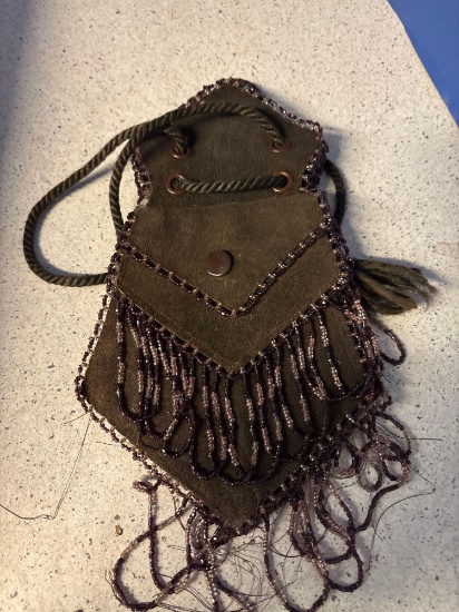 Beaded leather purse Fur collar