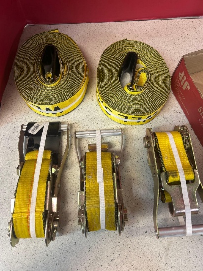 three ratchet tiedown straps, and two tow straps