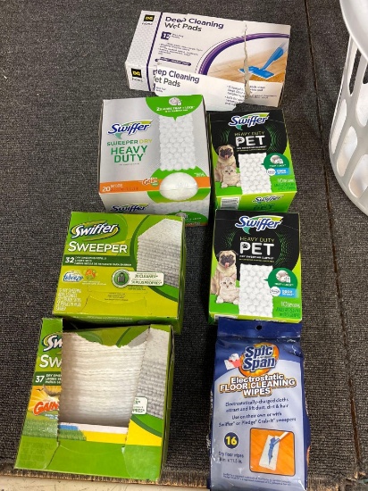 Mainly SWIFFER dry Cleaning pads, Laundry basket