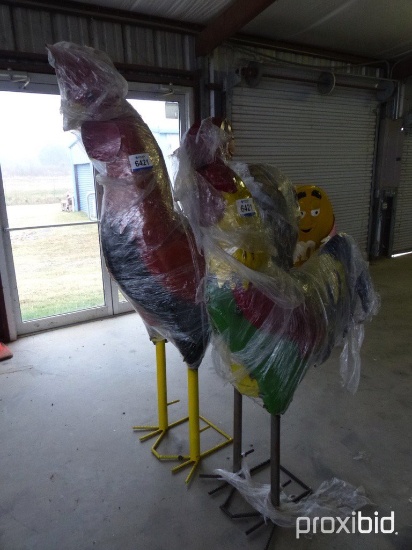 (2) MULTICOLORED METAL ROOSTERS;