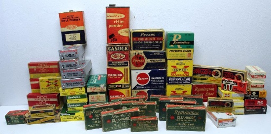 Box Lot Over (50) Empty Cartridge and Shotgun Shell Boxes and (2) Empty Powder Tins