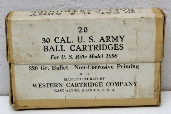 Sealed Full Two Piece Box of (20) .30 Cal. U.S. Army Ball Cartridges for U.S. Rifle Model 1898 220