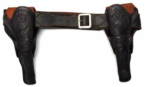 Leather .45 Cal. Cartridge Belt w/(2) Tooled Leather Holsters Double Gun Rig