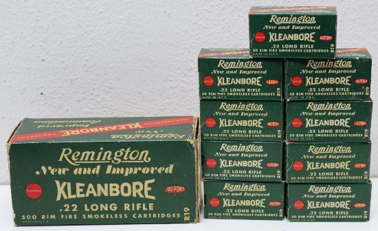 (9) Full Vintage Boxes Remington Kleanbore .22 LR Cartridges in Brick Box, Water Stain on Brick Box