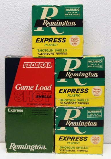 (5) Full Boxes 12 Ga 2 3/4" Shotgun Shells - (3) Remington 6 Shot, (1) Remington 4 Shot, (1) Federal