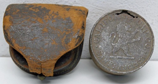 Civil War Era Leather Cap Tin Keeper and Civil War Era California Cap Co., San Francisco Tin, Some
