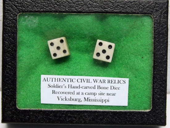 Civil War Era Hand Carved Bone Dice, Said to have been recovered at a camp site near Vicksburg,