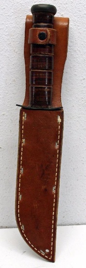 WWII U.S. Navy KA-BAR Fixed Blade Knife in Leather Sheath in Unused Condition, 7" Blade, 12 1/4"