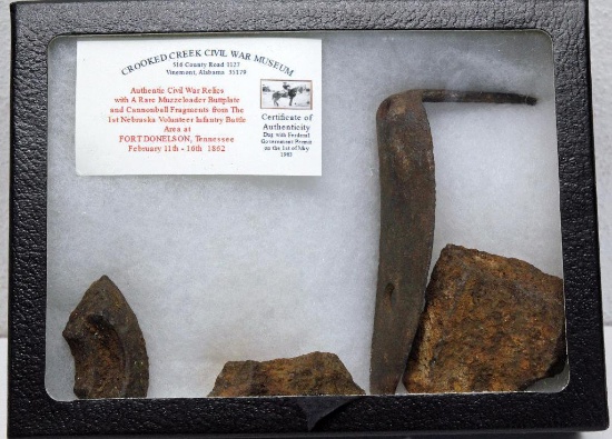 8" x 6" Case Civil War Relics - Muzzleloader Butt Plate and Cannonball Fragments from The 1st