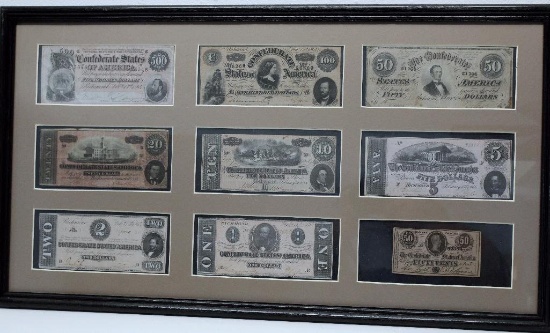 Civil War Era Nice Framed (29" x 16") Set Confederate 1864 Currency - Denominations of $500, $100 ,