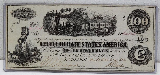 Civil War Era 1862 Confederate States of America $100 Currency Note