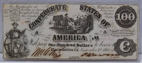 Civil War Era 1861 Confederate States of America $100 Currency Note