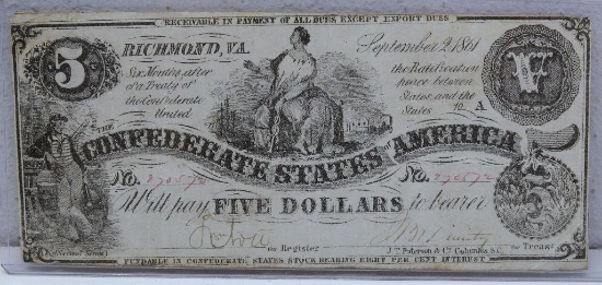 Civil War Era 1861 Confederate States of America $5 Currency Note