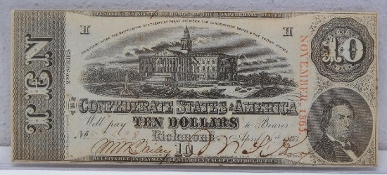 Civil War Era 1863 Confederate States of America $10 Currency Note
