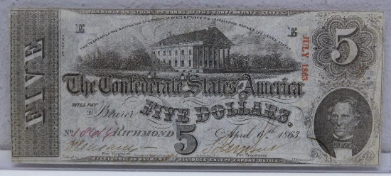 Civil War Era 1863 Confederate States of America $5 Currency Note