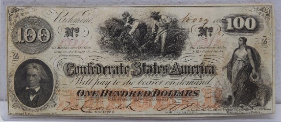 Civil War Era 1862 Confederate States of America $100 Currency Note