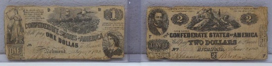 Civil War Era 1862 Confederate States of America $2 and $1 Currency Notes