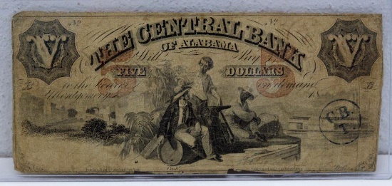 Civil War Era The Central Bank of Alabama $5 Currency Note