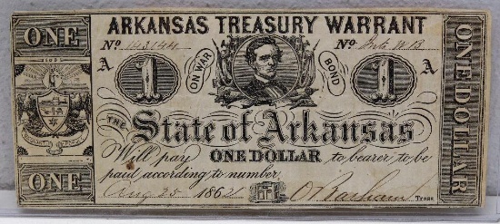 Civil War Era 1862 The State of Arkansas $1 Currency Note