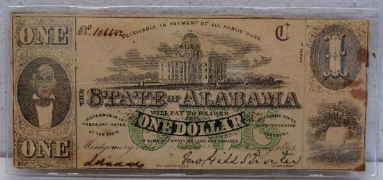 Civil War Era 1863 State of Alabama $1 Currency Note