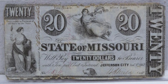 Civil War Era 1862 The State of Missouri $20 Currency Note