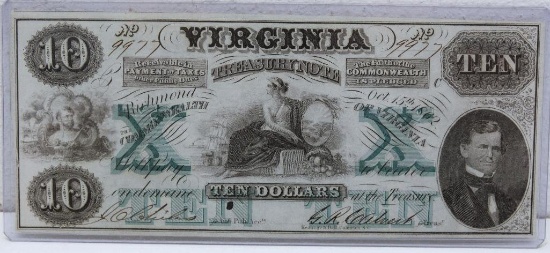 Civil War Era 1862 Virginia $10 Treasury Note