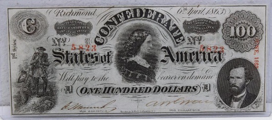 Civil War Era 1863 The Confederate States of America $100 Currency Note