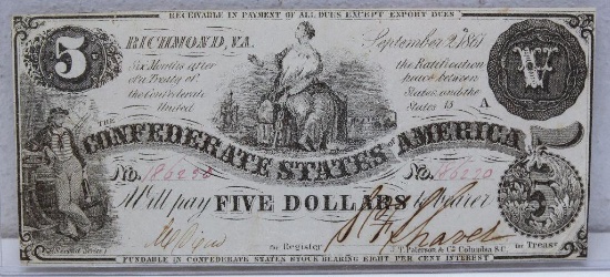 Civil War Era 1861 The Confederate States of America $5 Currency Note