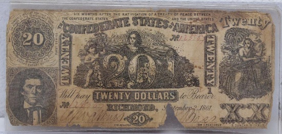 Civil War Era 1861 The Confederate States of America $20 Currency Note