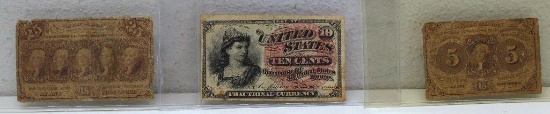 Civil War Era 1864 U.S. 25 Cent Fractional Currency Note, 1863 U.S. 10 Cent Fractional Currency Note