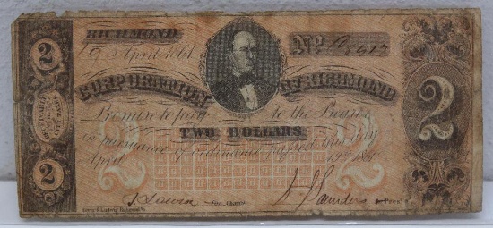 Civil War Era 1861 Corporation of Richmond, Virginia $2 Currency Note