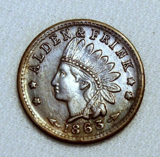 1863 Civil War Token, Alden and Frink Merchants, 40 Mohawk St, Cohoes, N-Y