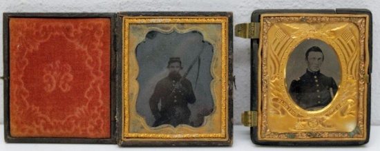 (2) Civil War Tin Type Photos of Civil War Soldiers - (1) w/Musket, One Case Damaged and the Other