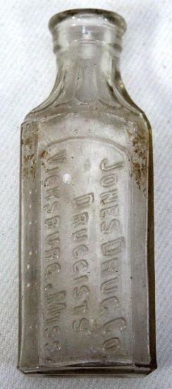 Civil War Druggist Bottle 'Jones Drug Co. Druggist Vicksburg, Miss.', 2 7/8" Tall, 1" Wide