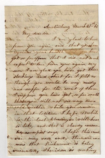 Civil War Era 1865 Letter from Mother to Son in 14th OH Battery Light Artillery, Adeline Lewis Root